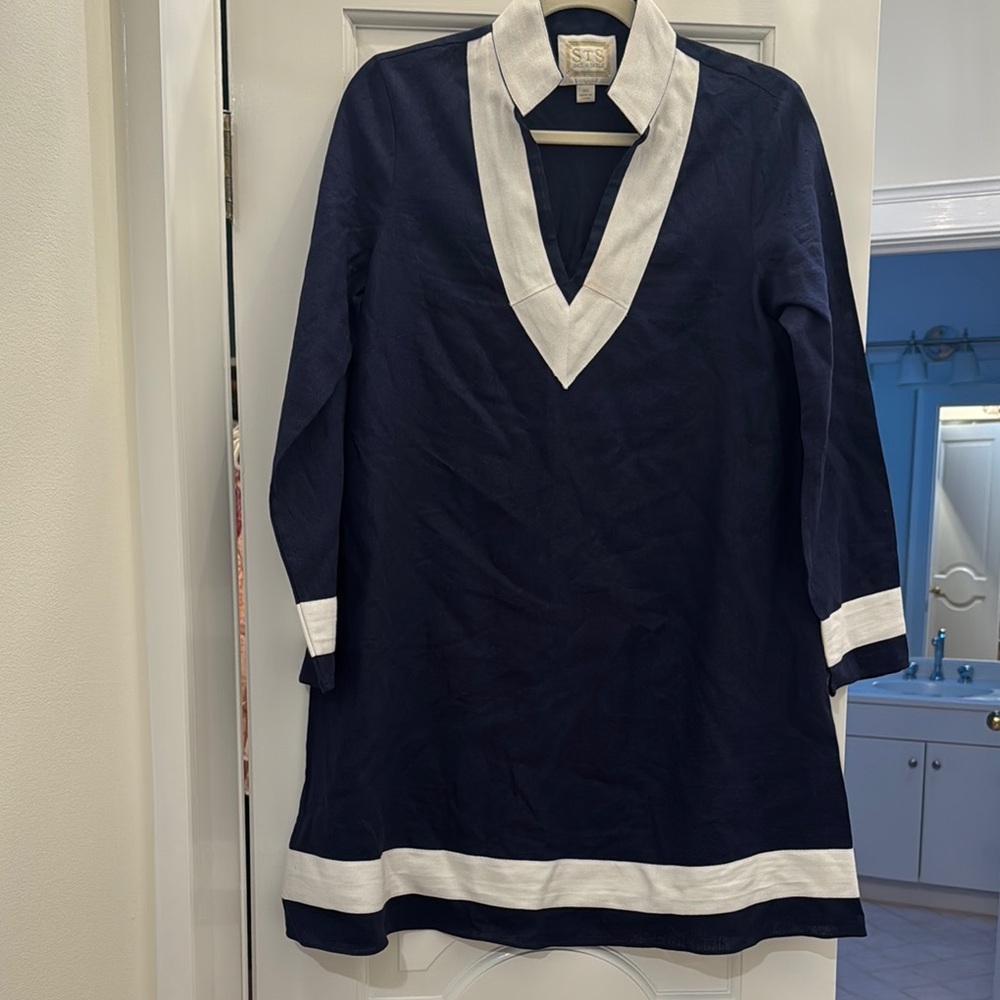 Sail to Sable Blue and White Long Sleeve Dress